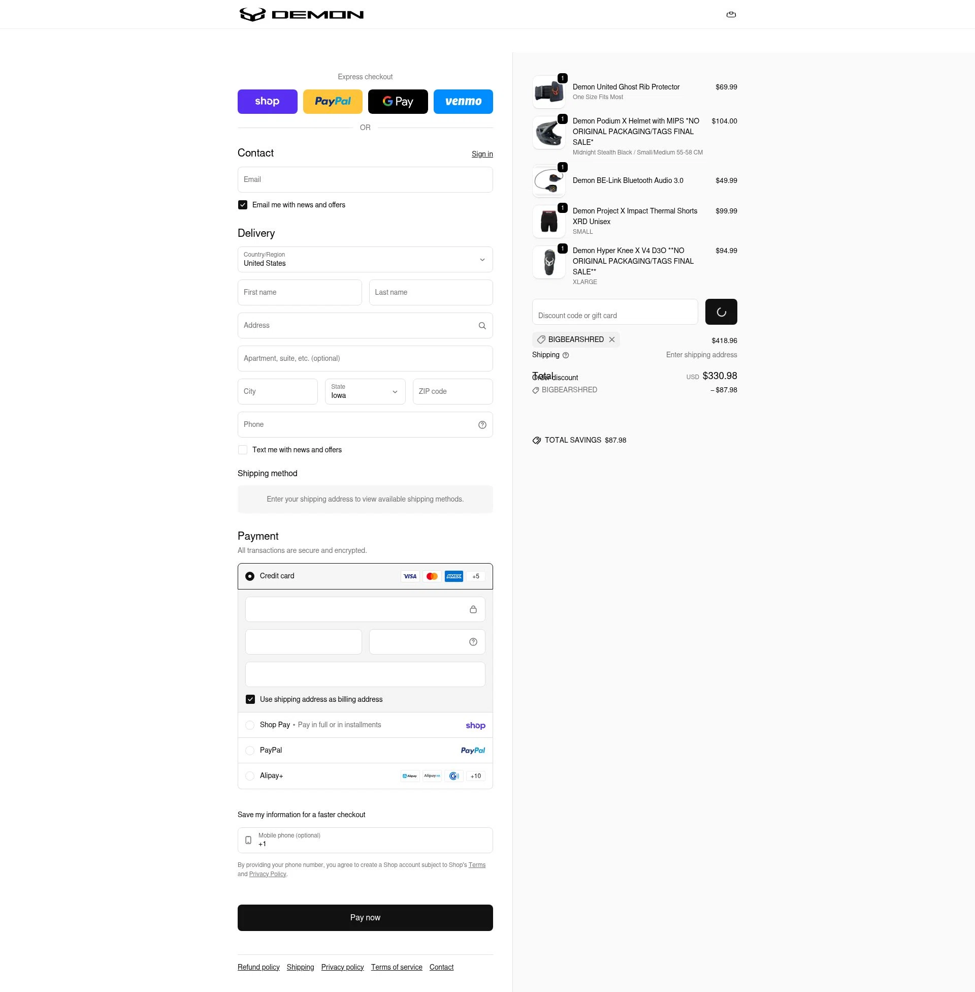 Demon United checkout page showing Demon United promo code box | Screenshot taken by SimplyCodes community member on Feb 18, 2026