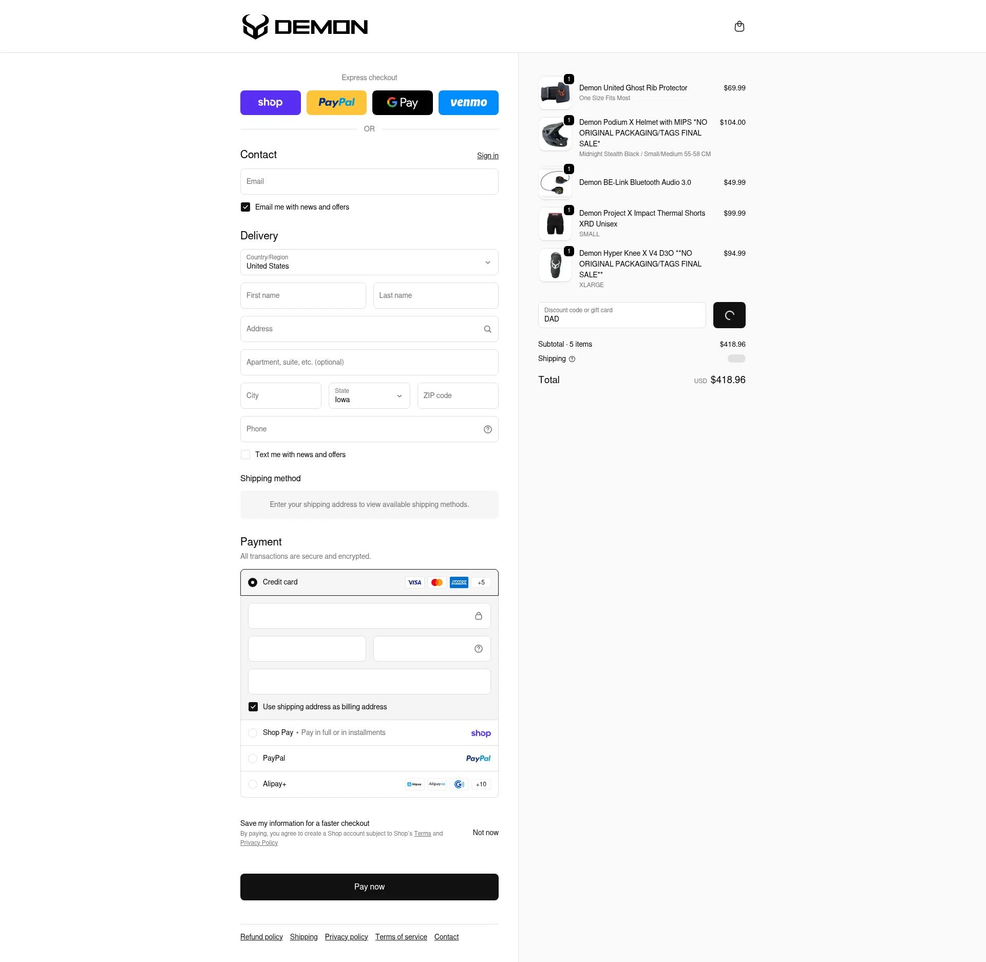 Demon United checkout page showing Demon United promo code box | Screenshot taken by SimplyCodes community member on Feb 19, 2026