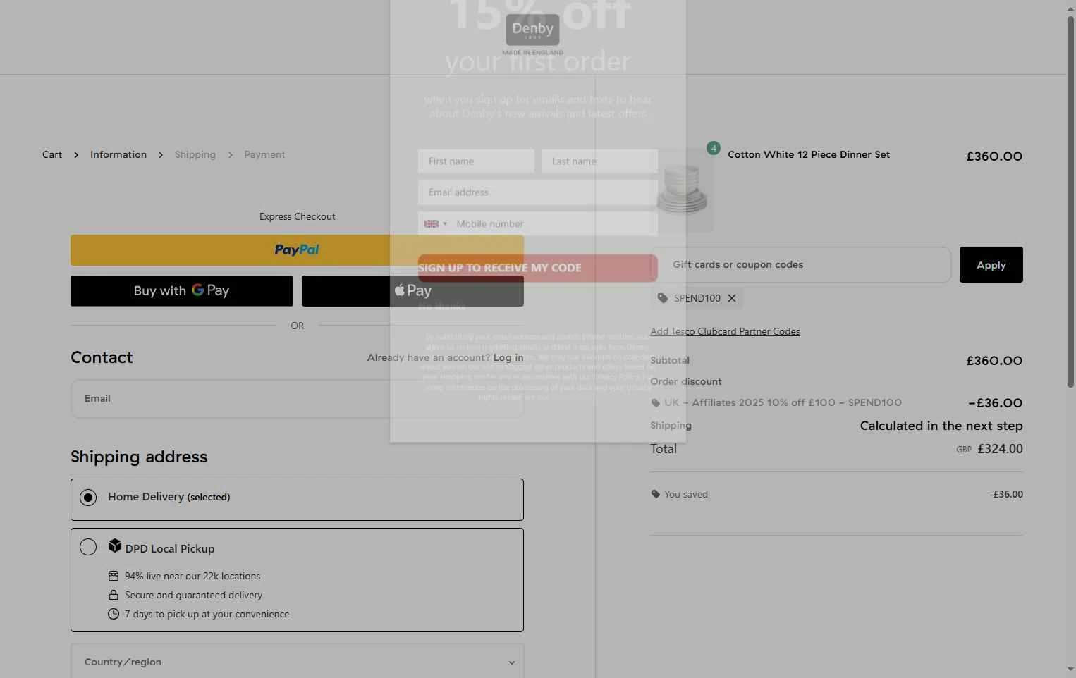 Denby Pottery checkout page showing Denby Pottery promo code box | Screenshot taken by SimplyCodes community member on Oct 25, 2025