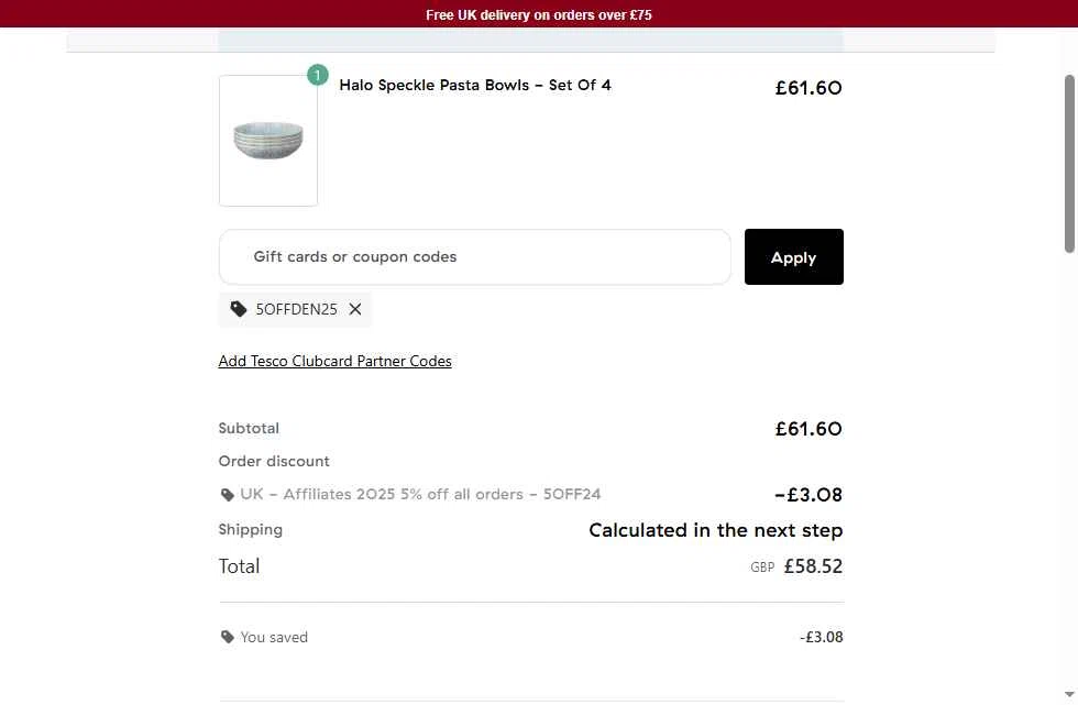 Denby Pottery checkout page showing Denby Pottery promo code box | Screenshot taken by SimplyCodes community member on Dec 23, 2025