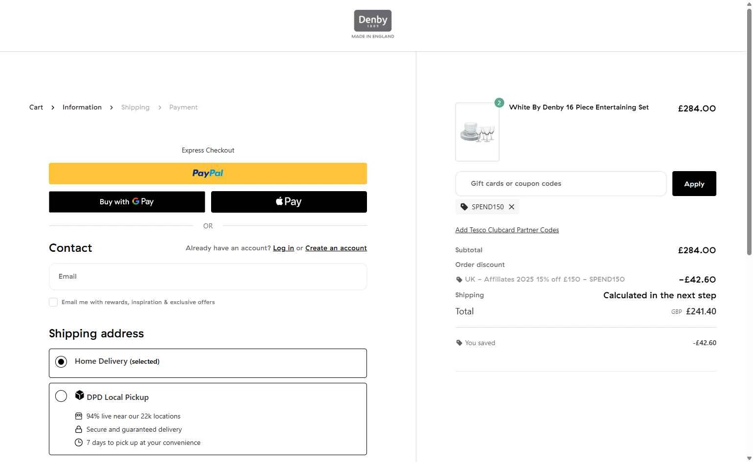 Denby Pottery checkout page showing Denby Pottery promo code box | Screenshot taken by SimplyCodes community member on Dec 23, 2025