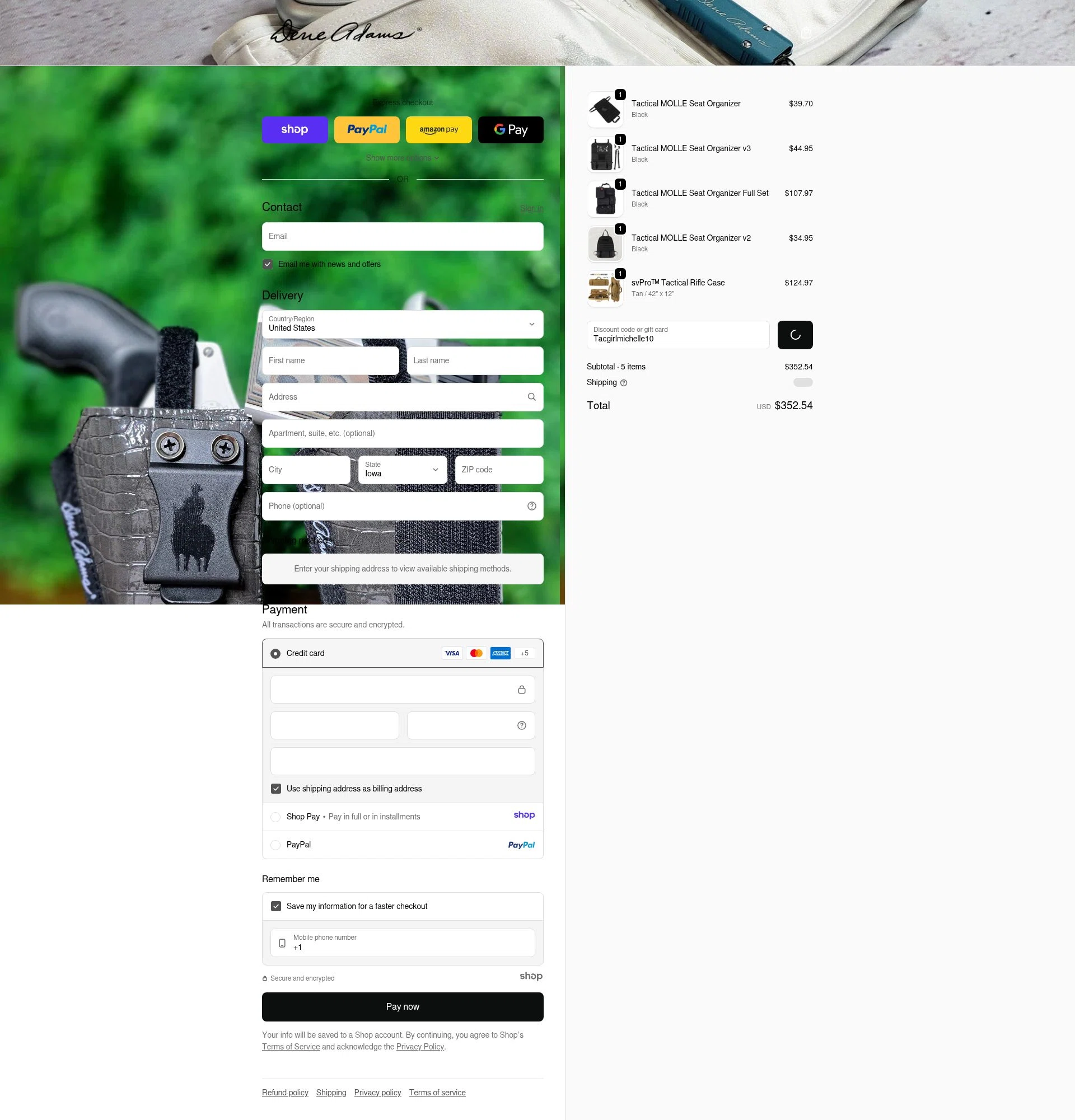 Dene Adams checkout page showing Dene Adams discount code box | Screenshot taken by SimplyCodes community member on Dec 28, 2025
