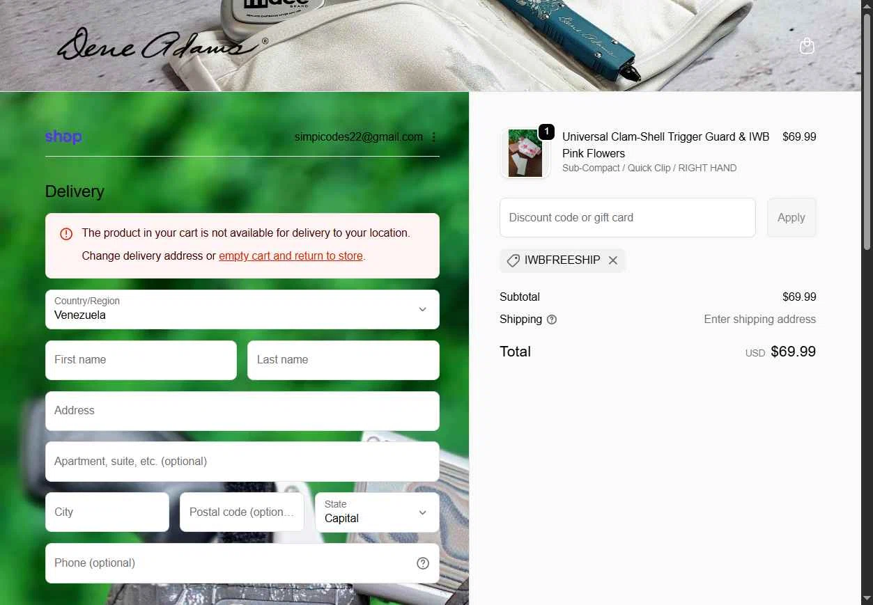 Dene Adams checkout page showing Dene Adams discount code box | Screenshot taken by SimplyCodes community member on Jan 2, 2026