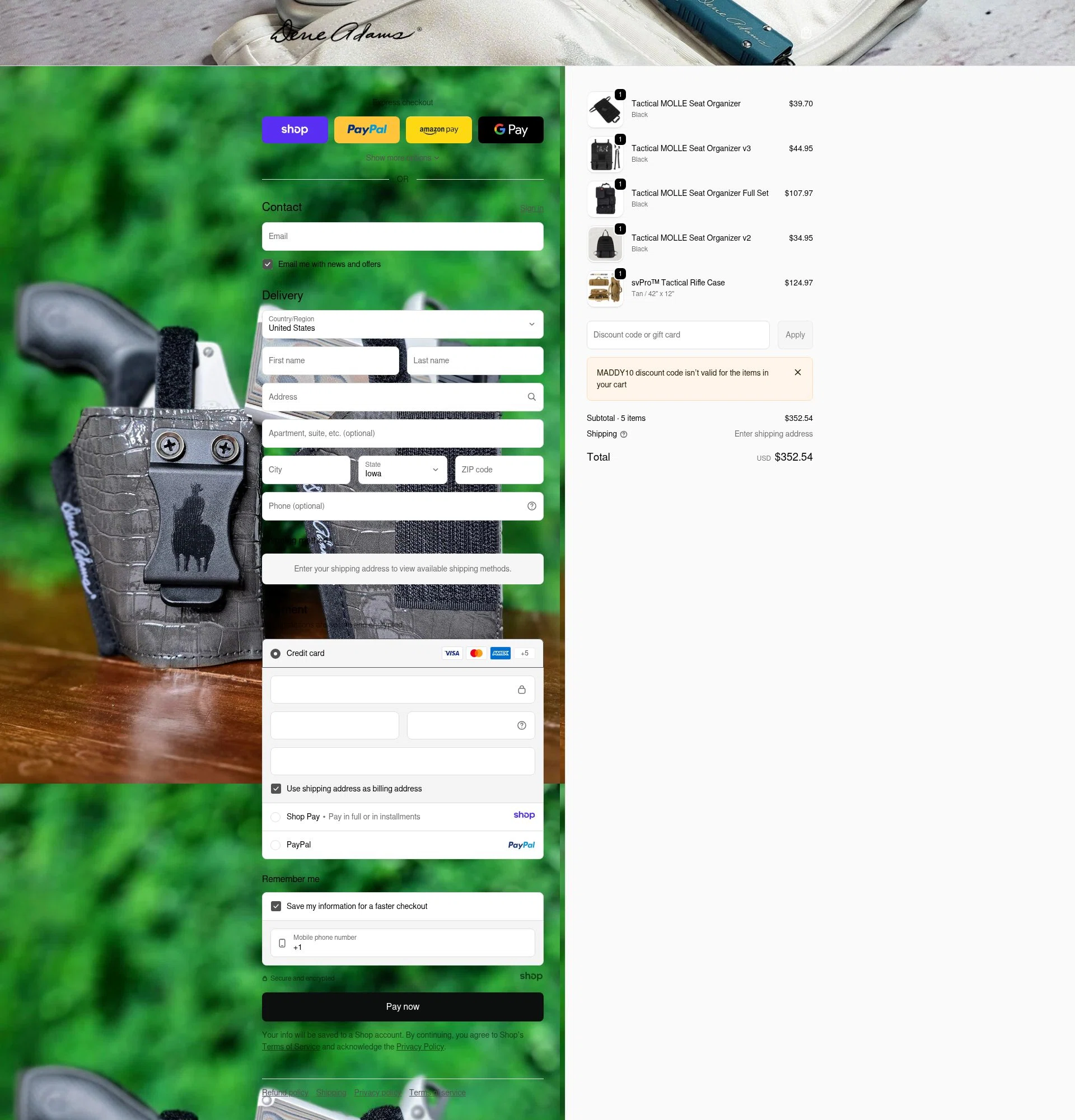 Dene Adams checkout page showing Dene Adams discount code box | Screenshot taken by SimplyCodes community member on Dec 28, 2025
