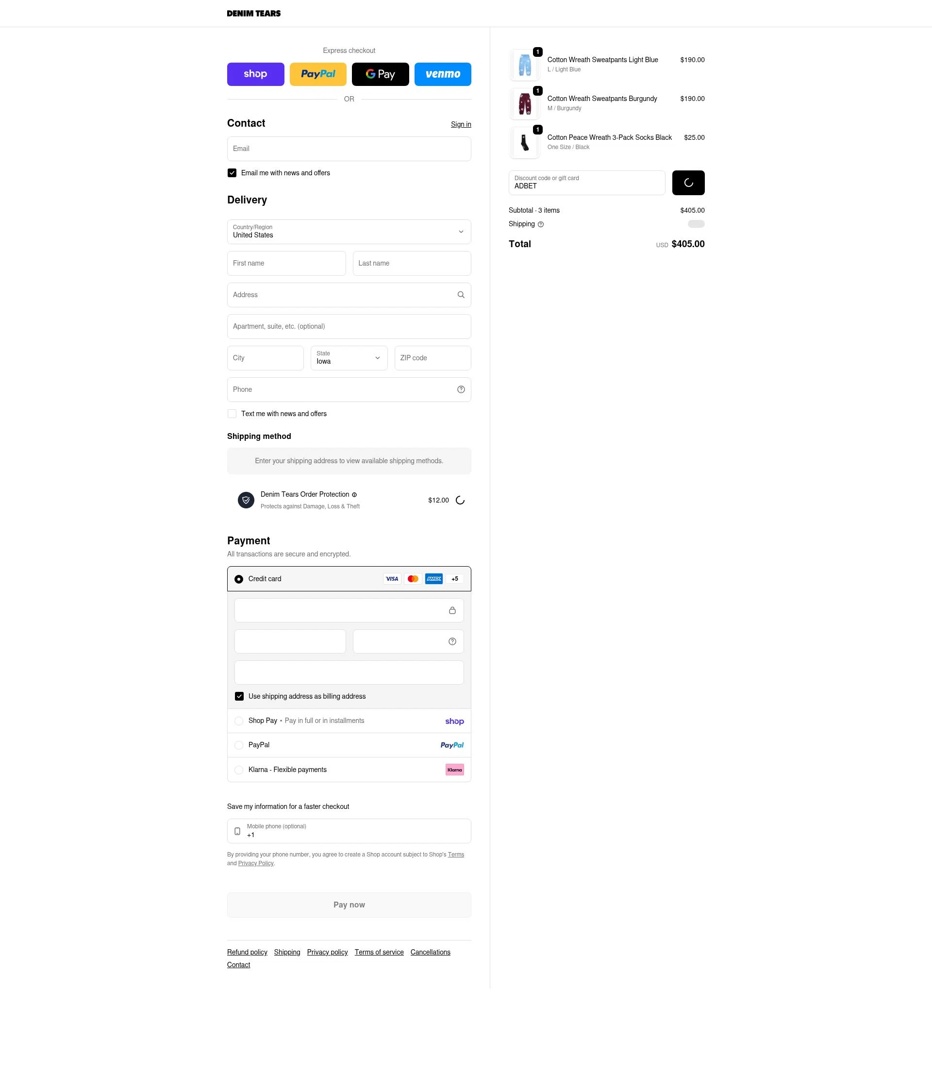 Denim Tears checkout page showing Denim Tears discount code box | Screenshot taken by SimplyCodes community member on Feb 14, 2026