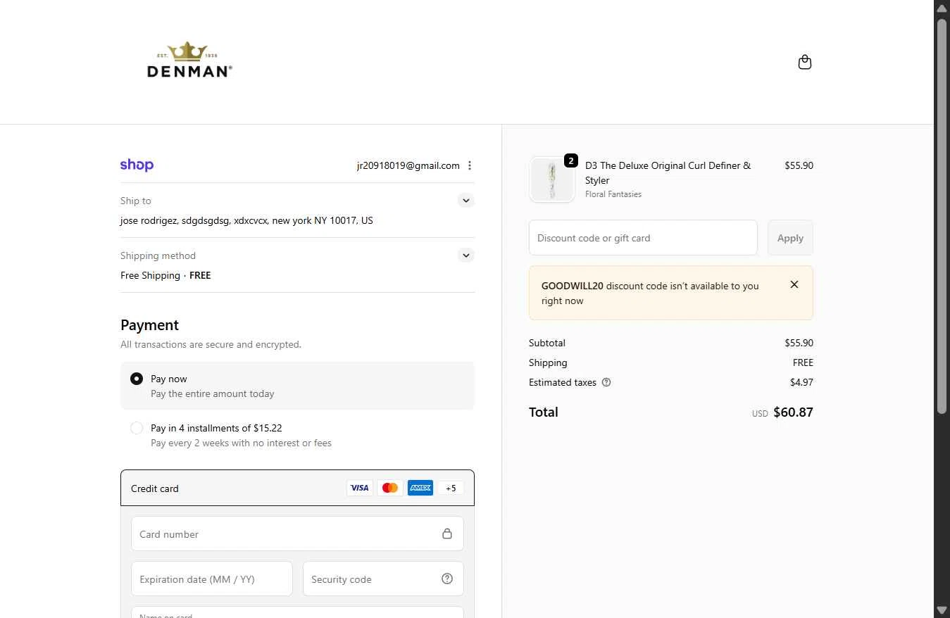 Denman Brush checkout page showing Denman Brush promo code box | Screenshot taken by SimplyCodes community member on Feb 16, 2026