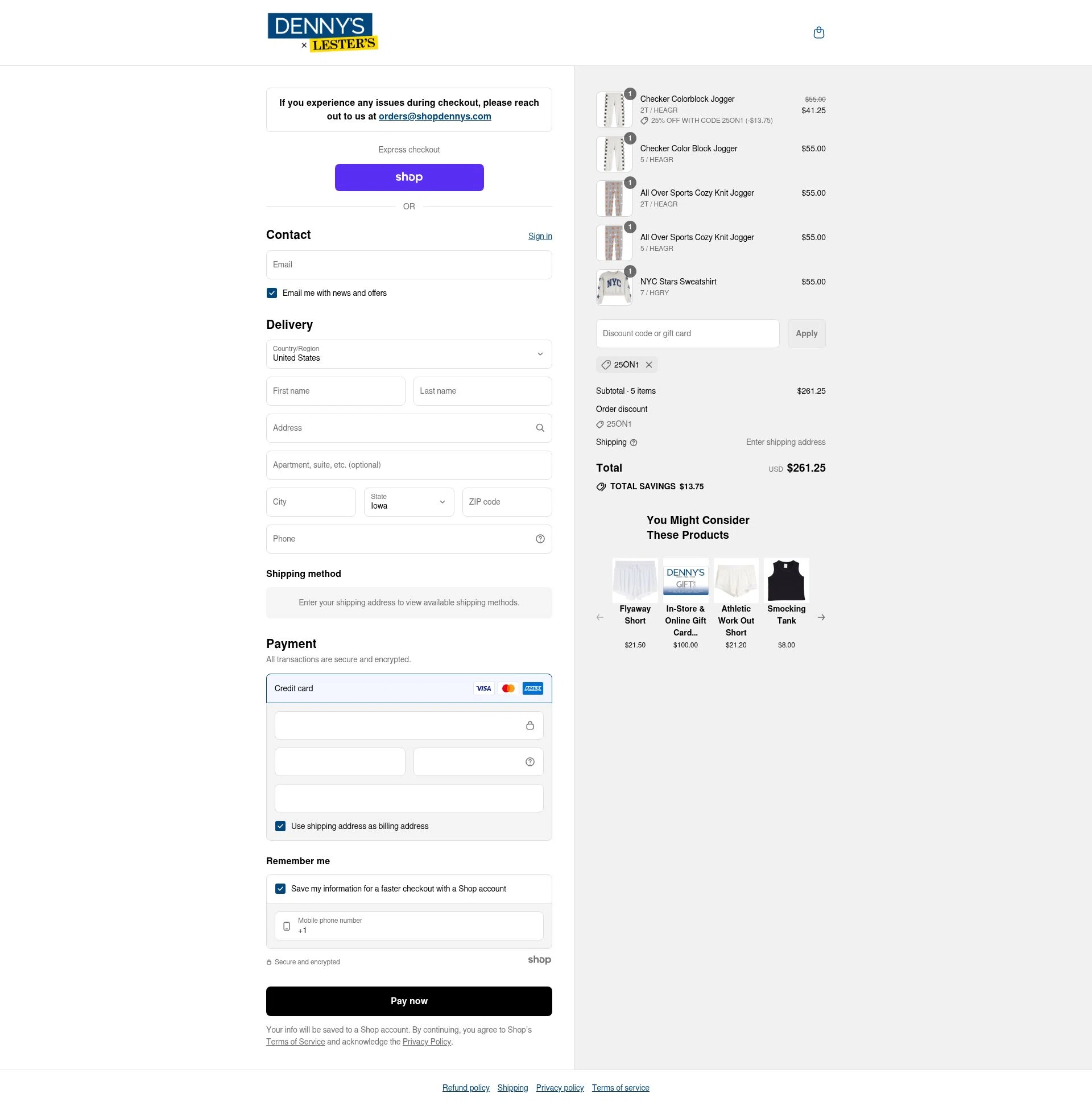 Denny's Apparel checkout page showing Denny's Apparel promo code box | Screenshot taken by SimplyCodes community member on Sep 11, 2025
