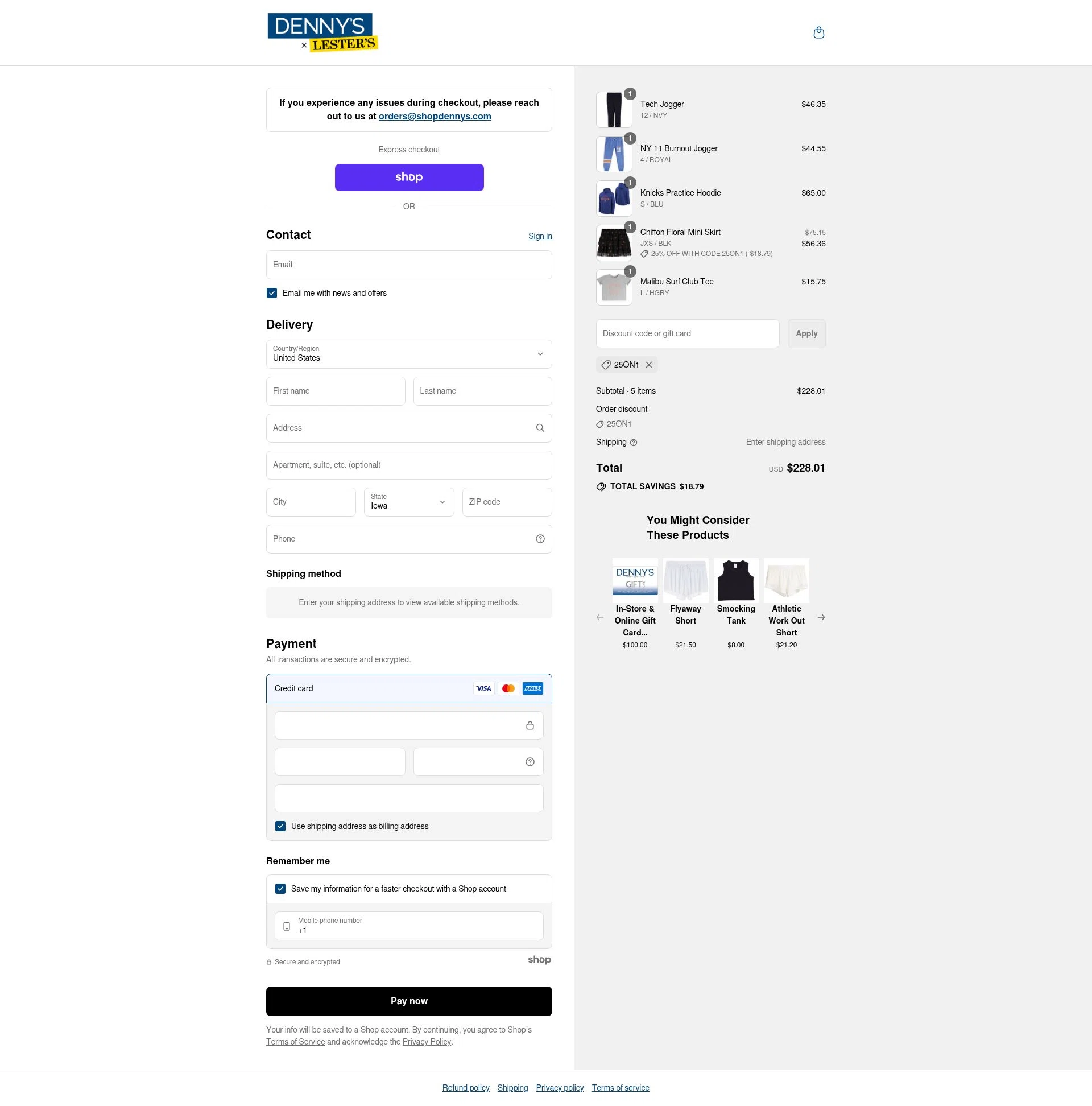 Denny's Apparel checkout page showing Denny's Apparel promo code box | Screenshot taken by SimplyCodes community member on Sep 15, 2025