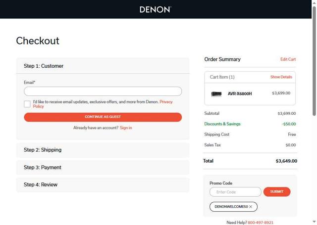 Denon checkout page showing Denon promo code box | Screenshot taken by SimplyCodes community member on Aug 9, 2025