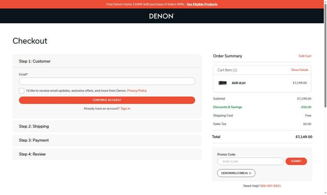 Denon checkout page showing Denon promo code box | Screenshot taken by SimplyCodes community member on Sep 7, 2025
