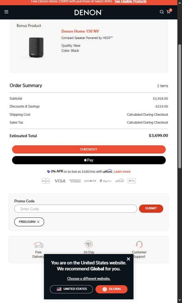 Denon checkout page showing Denon promo code box | Screenshot taken by SimplyCodes community member on Aug 25, 2025