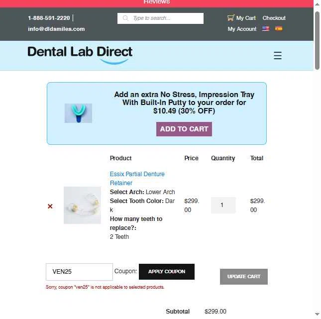 Dental Lab Direct checkout page showing Dental Lab Direct promo code box | Screenshot taken by SimplyCodes community member on Dec 26, 2025