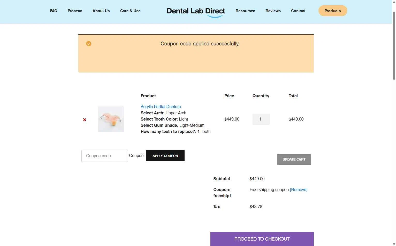 Dental Lab Direct checkout page showing Dental Lab Direct promo code box | Screenshot taken by SimplyCodes community member on Jan 10, 2026