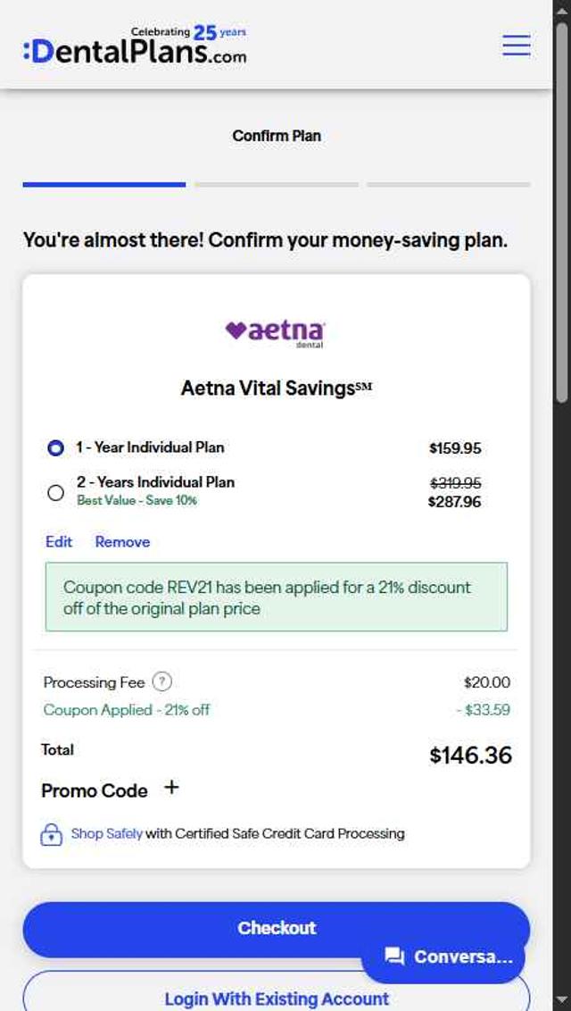 DentalPlans.com checkout page showing DentalPlans.com promo code box | Screenshot taken by SimplyCodes community member on Sep 8, 2025