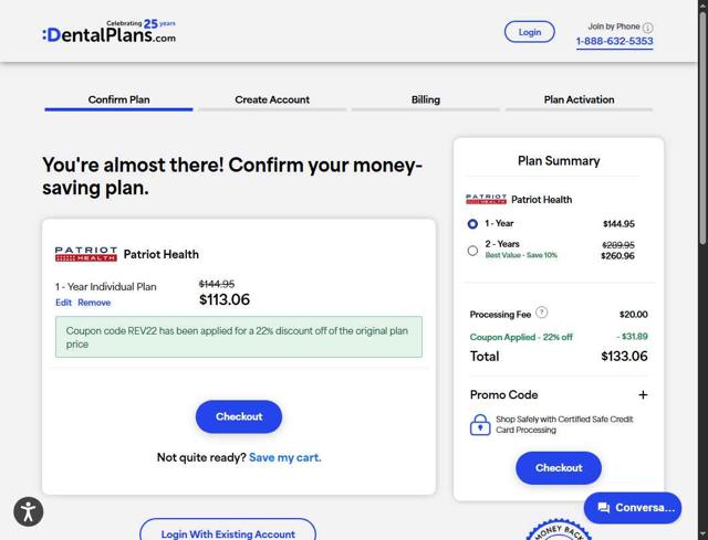 DentalPlans.com checkout page showing DentalPlans.com promo code box | Screenshot taken by SimplyCodes community member on Aug 1, 2025