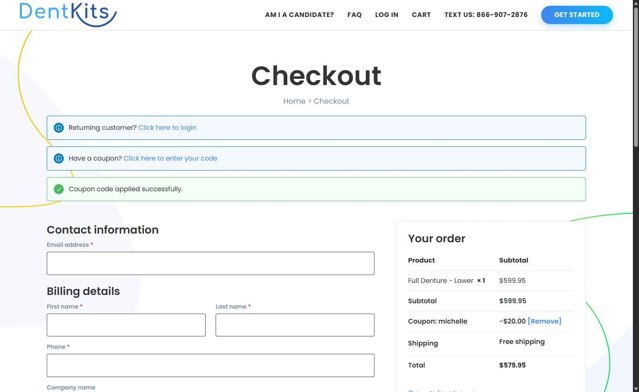 Dentkits checkout page showing Dentkits coupon code box | Screenshot taken by SimplyCodes community member on May 27, 2025
