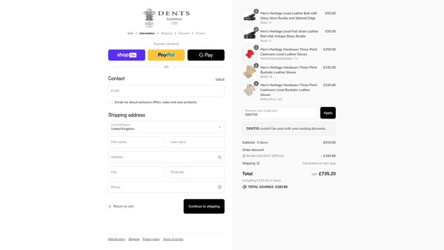 Dents checkout page showing Dents promo code box | Screenshot taken by SimplyCodes community member on Aug 24, 2025