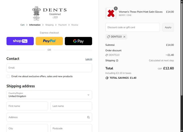 Dents checkout page showing Dents promo code box | Screenshot taken by SimplyCodes community member on Aug 20, 2025