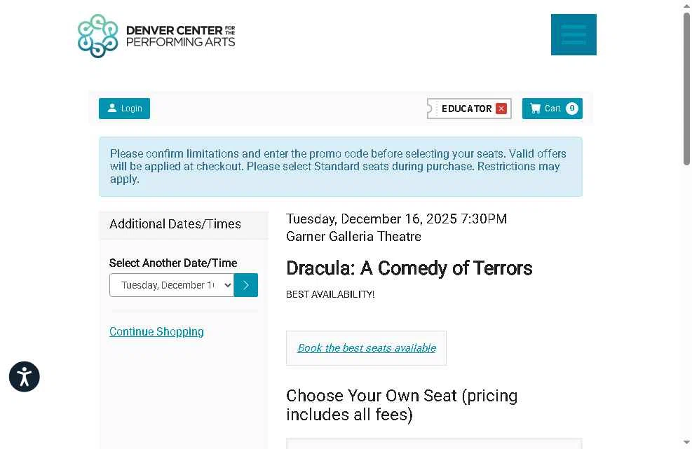 Denver Center checkout page showing Denver Center promo code box | Screenshot taken by SimplyCodes community member on Dec 15, 2025