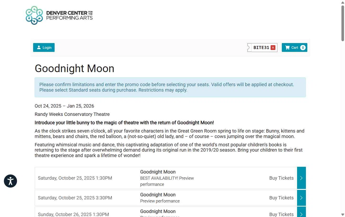 Denver Center checkout page showing Denver Center promo code box | Screenshot taken by SimplyCodes community member on Oct 24, 2025