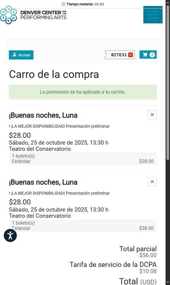 Denver Center checkout page showing Denver Center promo code box | Screenshot taken by SimplyCodes community member on Oct 25, 2025