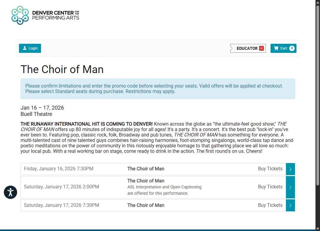 Denver Center checkout page showing Denver Center promo code box | Screenshot taken by SimplyCodes community member on Jan 13, 2026