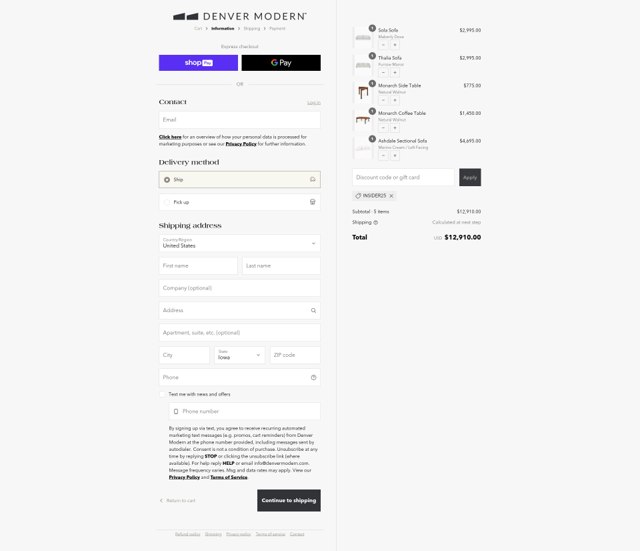 Denver Modern checkout page showing Denver Modern discount code box | Screenshot taken by SimplyCodes community member on Aug 13, 2025