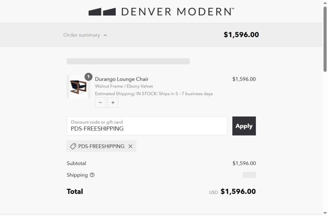 Denver Modern checkout page showing Denver Modern discount code box | Screenshot taken by SimplyCodes community member on Aug 9, 2025