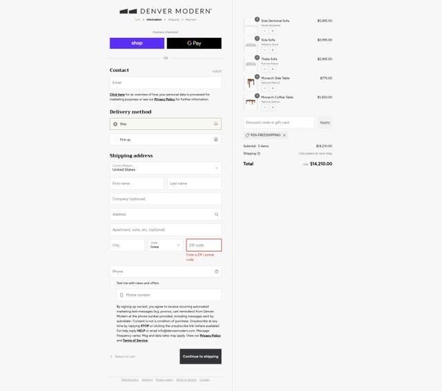 Denver Modern checkout page showing Denver Modern discount code box | Screenshot taken by SimplyCodes community member on Aug 30, 2025