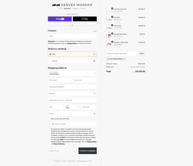 Denver Modern checkout page showing Denver Modern discount code box | Screenshot taken by SimplyCodes community member on Aug 22, 2025