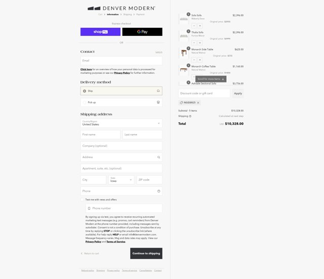 Denver Modern checkout page showing Denver Modern discount code box | Screenshot taken by SimplyCodes community member on Aug 9, 2025