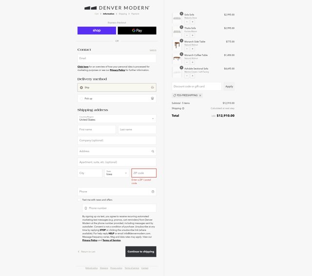 Denver Modern checkout page showing Denver Modern discount code box | Screenshot taken by SimplyCodes community member on Aug 13, 2025