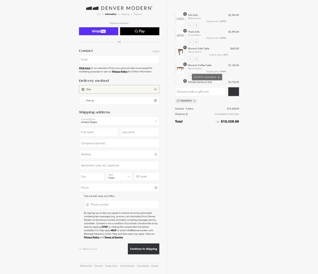 Denver Modern checkout page showing Denver Modern discount code box | Screenshot taken by SimplyCodes community member on Aug 5, 2025