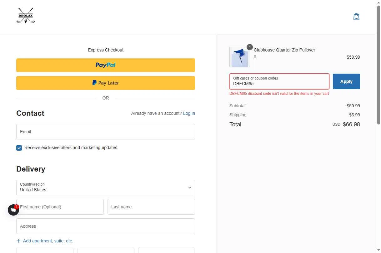Deolax checkout page showing Deolax coupon code box | Screenshot taken by SimplyCodes community member on Nov 26, 2025