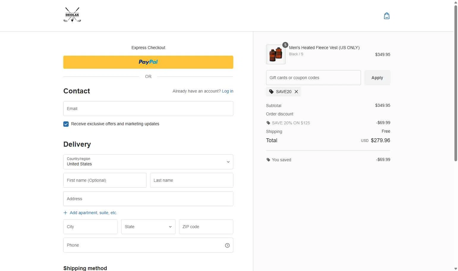 Deolax checkout page showing Deolax coupon code box | Screenshot taken by SimplyCodes community member on Dec 10, 2025