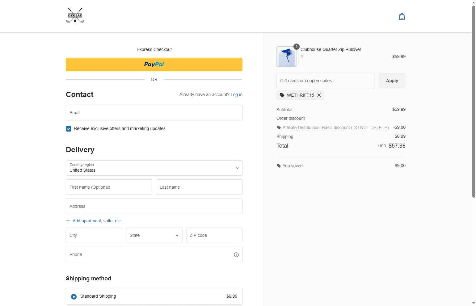Deolax checkout page showing Deolax coupon code box | Screenshot taken by SimplyCodes community member on Dec 8, 2025