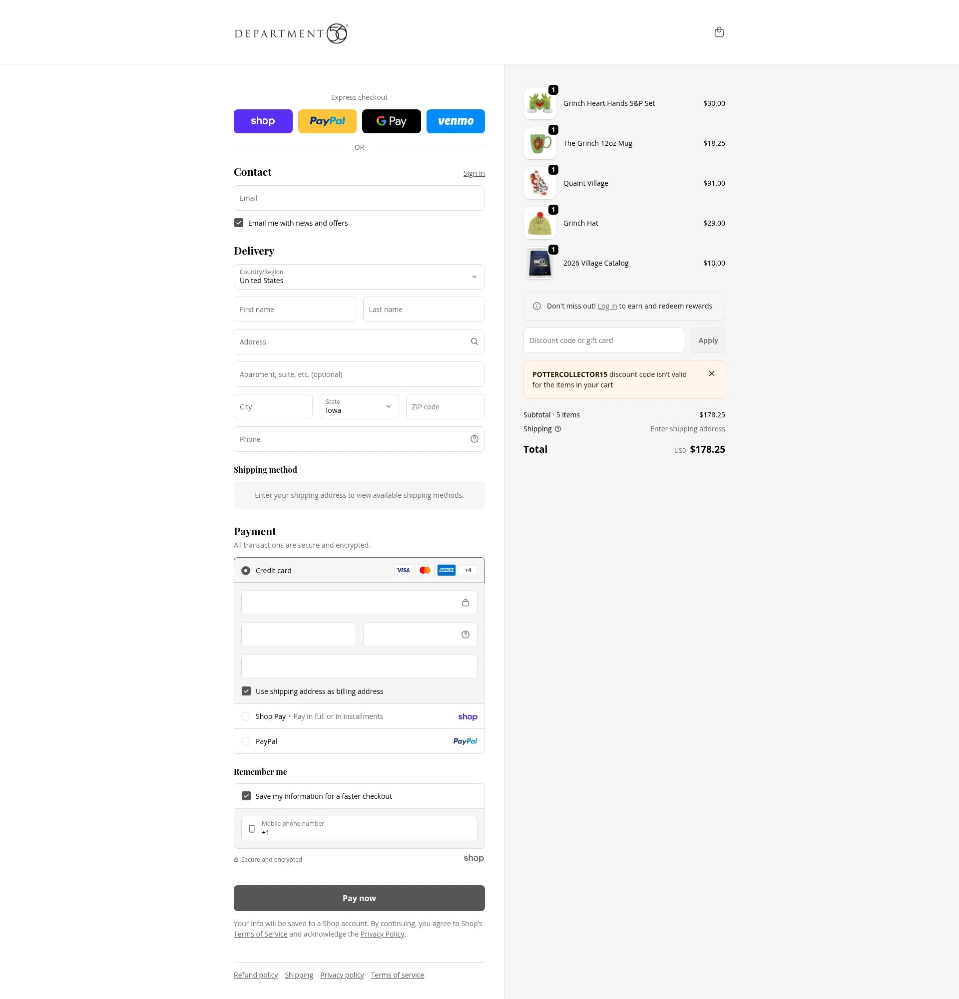 Department 56 checkout page showing Department 56 discount code box | Screenshot taken by SimplyCodes community member on Jan 23, 2026