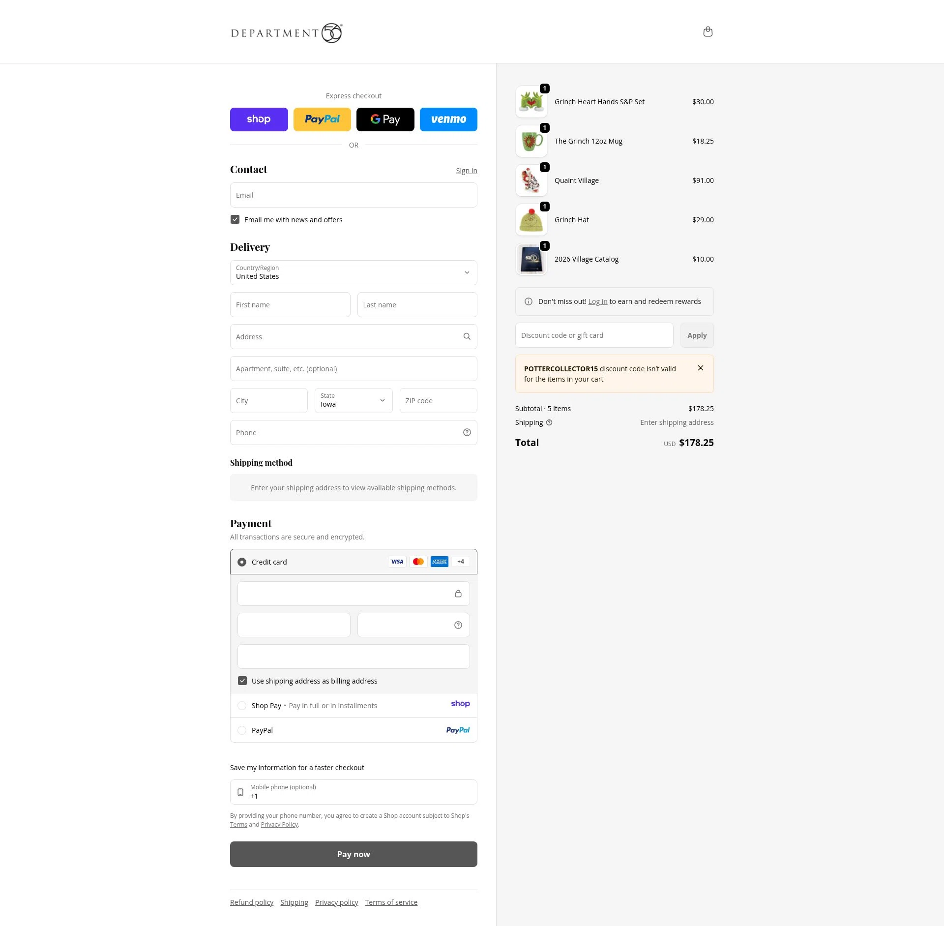 Department 56 checkout page showing Department 56 discount code box | Screenshot taken by SimplyCodes community member on Jan 18, 2026