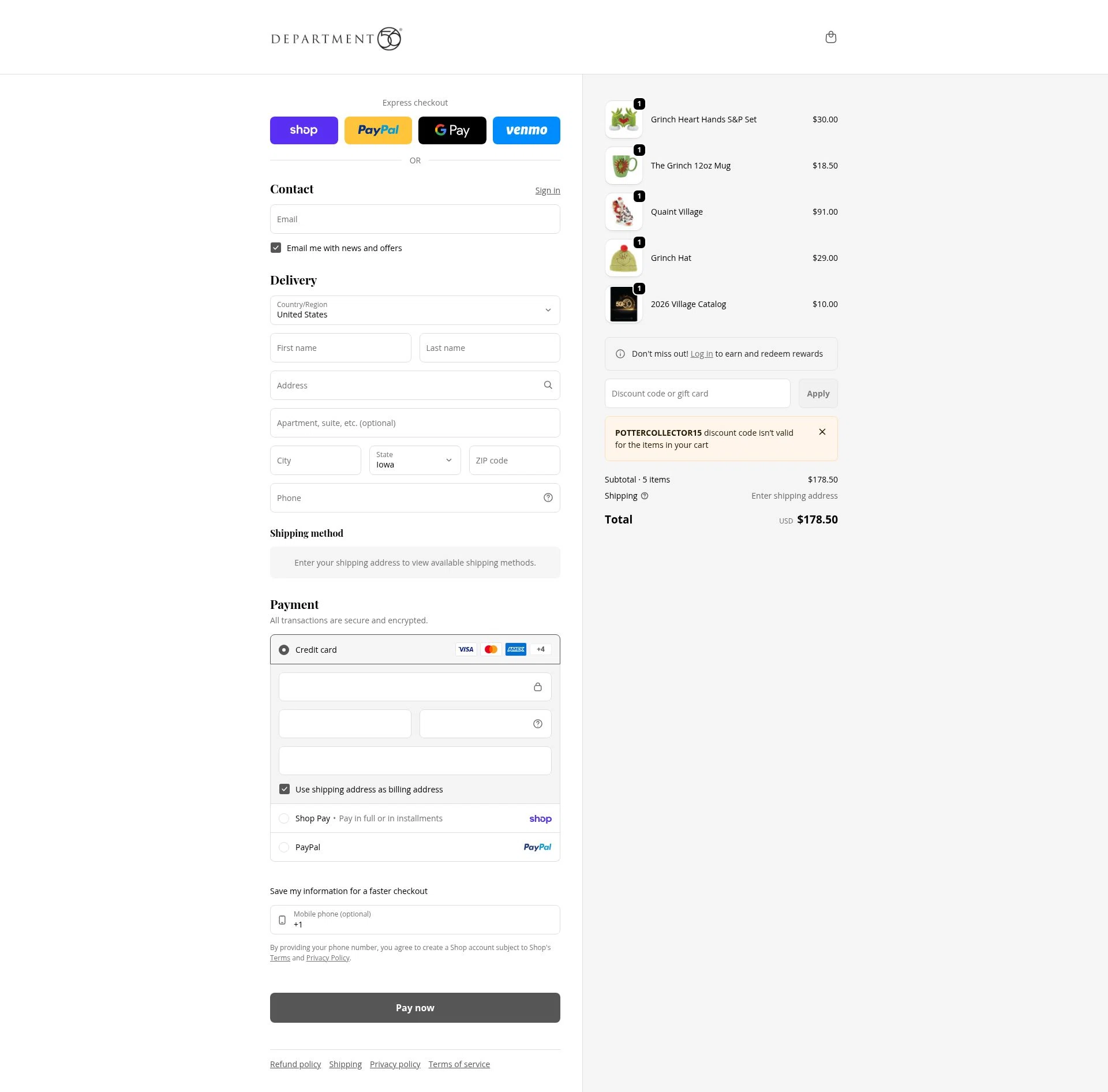 Department 56 checkout page showing Department 56 discount code box | Screenshot taken by SimplyCodes community member on Feb 5, 2026