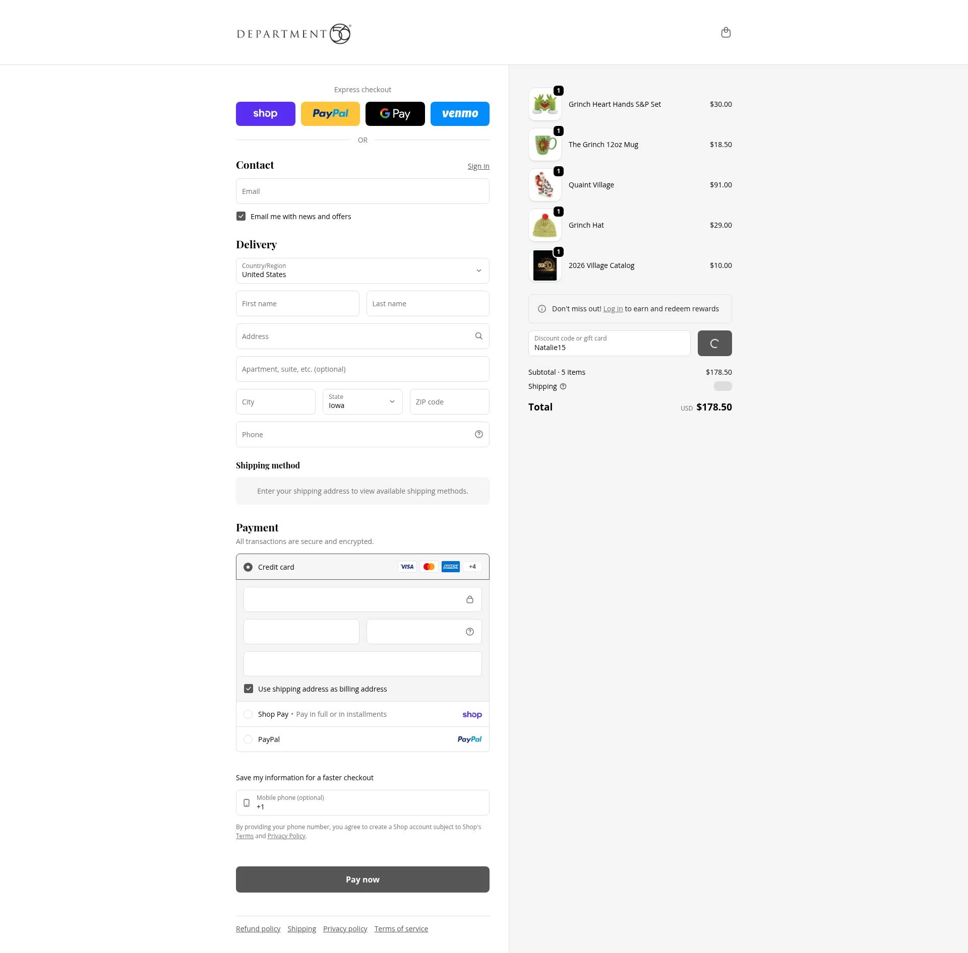 Department 56 checkout page showing Department 56 discount code box | Screenshot taken by SimplyCodes community member on Feb 5, 2026