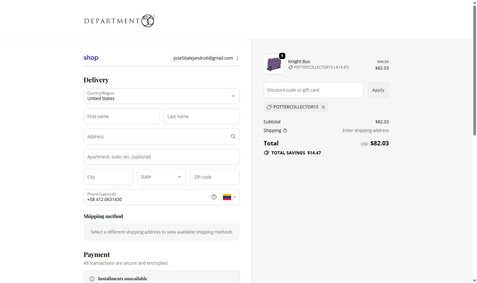 Department 56 checkout page showing Department 56 discount code box | Screenshot taken by SimplyCodes community member on Jan 28, 2026