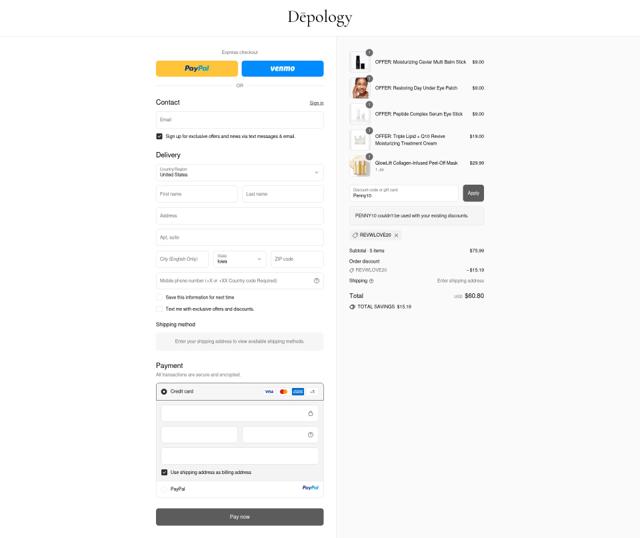 Depology checkout page showing Depology discount code box | Screenshot taken by SimplyCodes community member on Sep 10, 2025