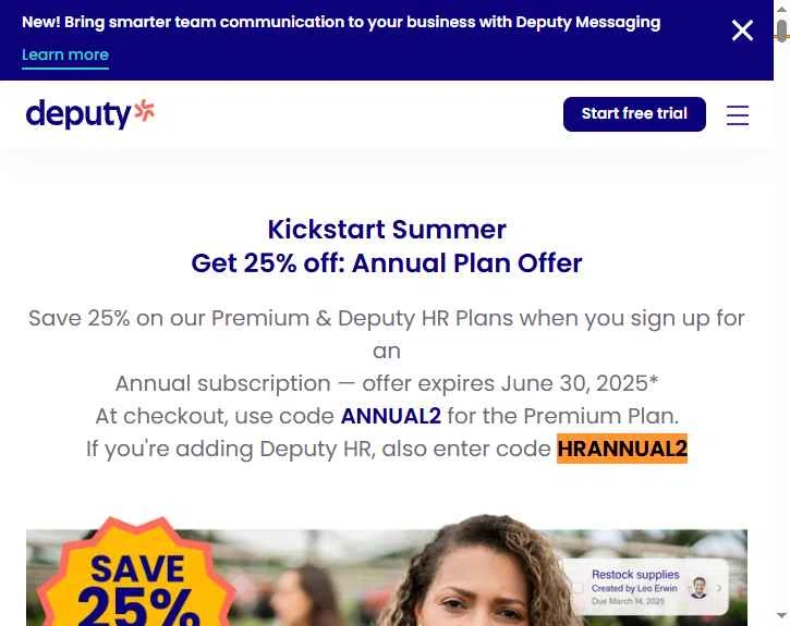 Deputy checkout page showing Deputy promo code box | Screenshot taken by SimplyCodes community member on Sep 15, 2025