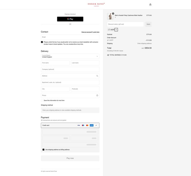 Derek Rose checkout page showing Derek Rose discount code box | Screenshot taken by SimplyCodes community member on Jan 3, 2025