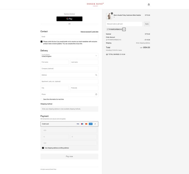 Derek Rose checkout page showing Derek Rose discount code box | Screenshot taken by SimplyCodes community member on Dec 13, 2024