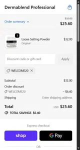 WELCOME20 coupon verification screenshot