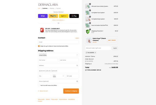 Dermaclara checkout page showing Dermaclara promo code box | Screenshot taken by SimplyCodes community member on Sep 3, 2025