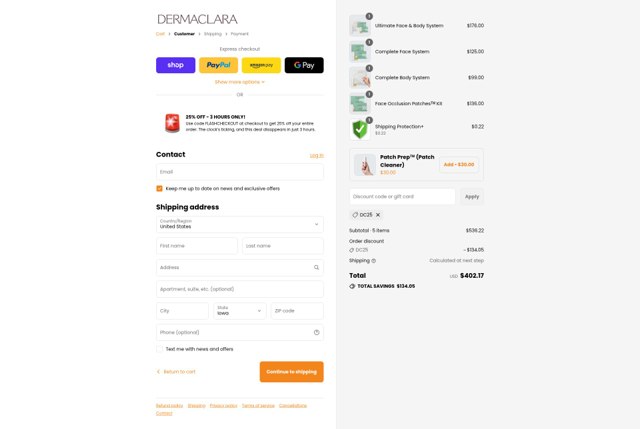 Dermaclara checkout page showing Dermaclara promo code box | Screenshot taken by SimplyCodes community member on Sep 3, 2025