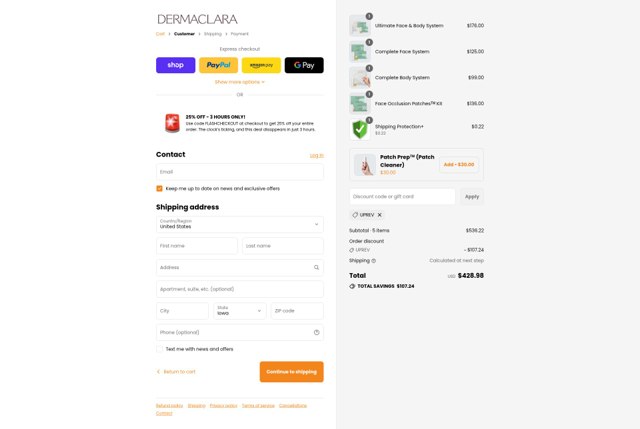 Dermaclara checkout page showing Dermaclara promo code box | Screenshot taken by SimplyCodes community member on Sep 3, 2025