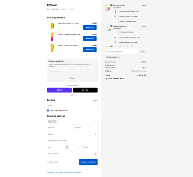DERMA E checkout page showing DERMA E promo code box | Screenshot taken by SimplyCodes community member on Sep 12, 2025